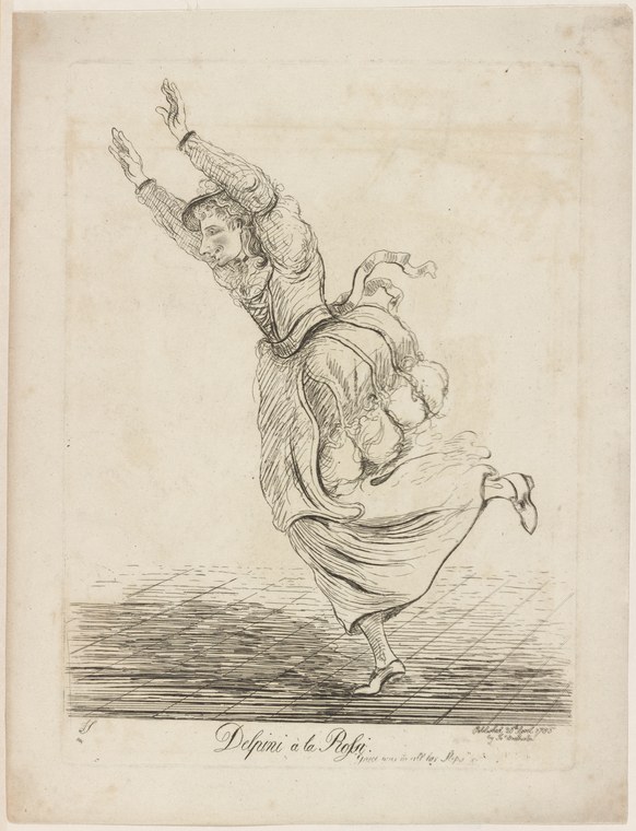 Woman in empire-waist dress suspended mid-leap, one knee raised sharply, arms open, in an early 19th-century engraving.