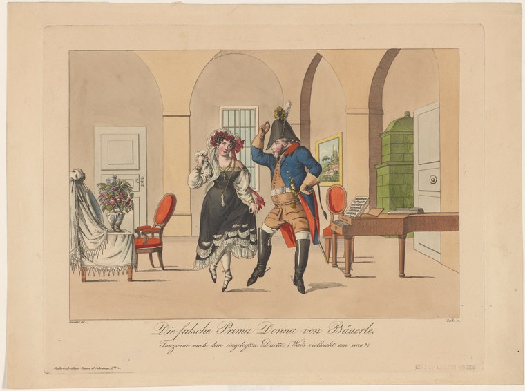 A uniformed officer executes an exaggerated dance step in a classical interior while a woman in black reacts with alarm.