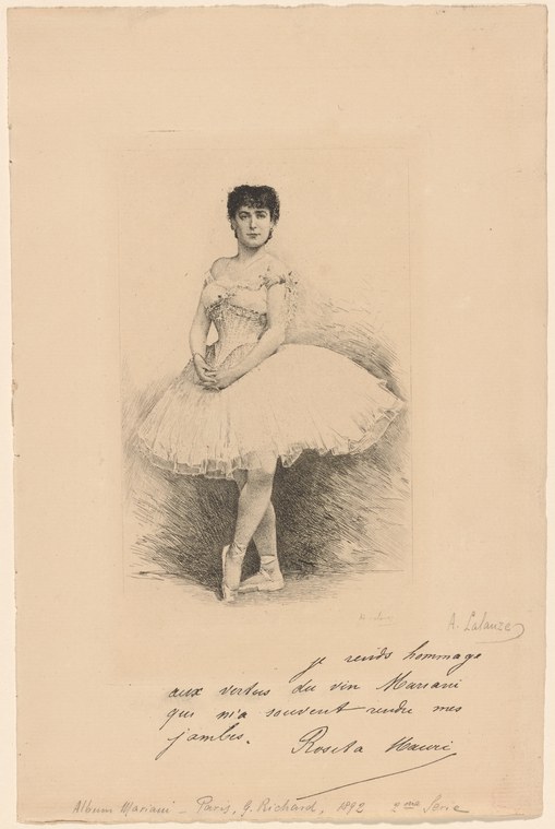 Late 19th-century engraving of a young woman in ballet costume standing at rest, wearing a tulle skirt and pointe shoes, signed by dancer Rosita Mauri.