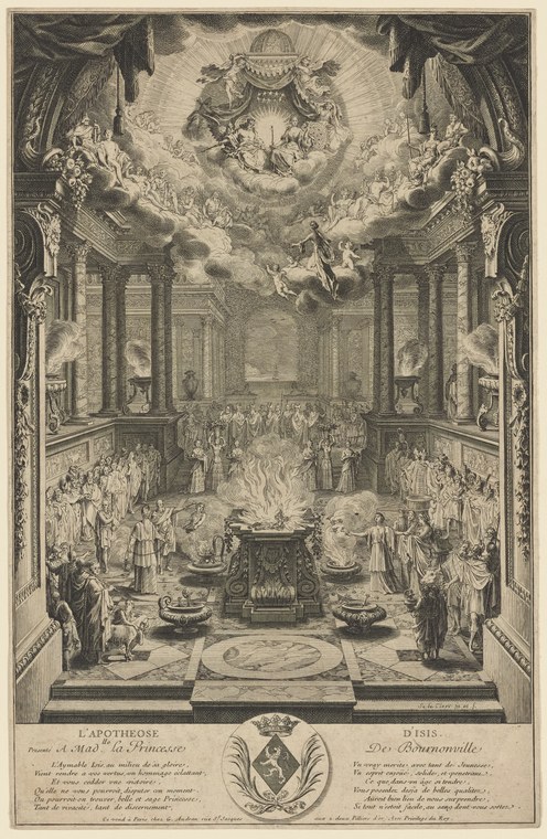 Baroque engraving showing a grand columned hall with clouds and cherubs descending from ceiling vaults above a formal court assembly in 17th-century dress.