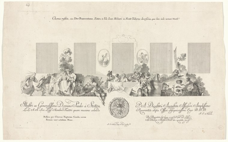 Engraving of dozens of villagers in 17th-century dress dancing, eating, and socializing around market stalls at a country fair.