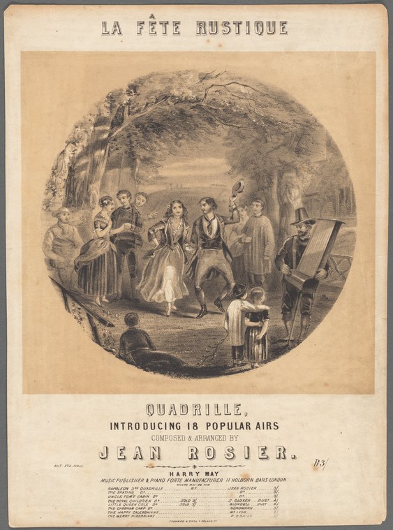 Engraving of elegantly dressed couples dancing a quadrille in a woodland clearing, with observers nearby.