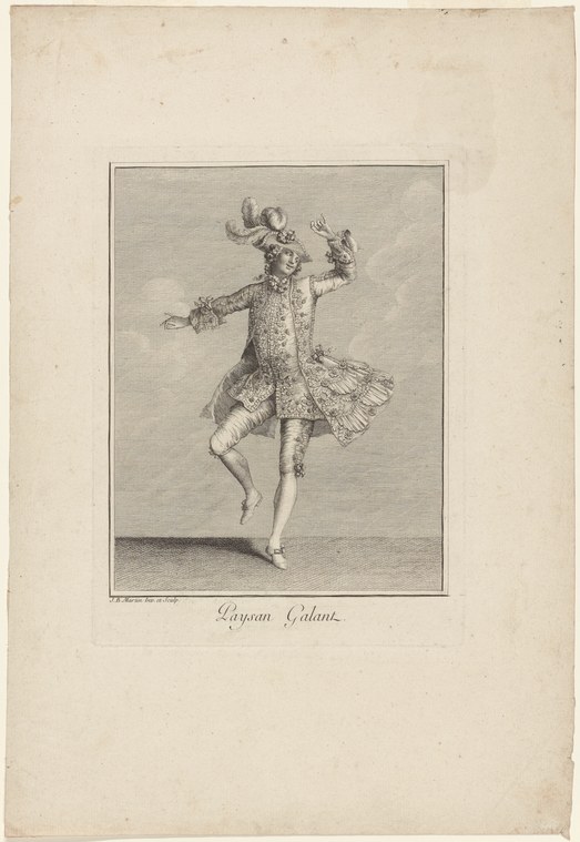 An 18th-century engraving of a man in aristocratic dress performing an exaggerated kick with arms splayed outward, labeled 'Paysan galant.'