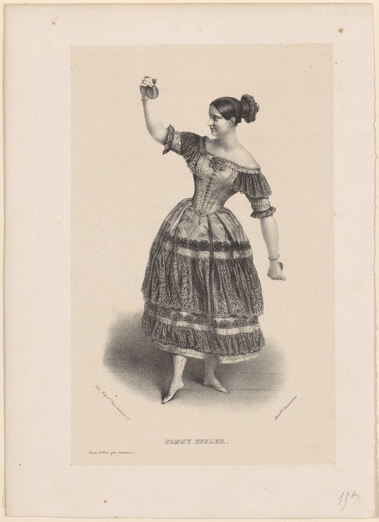 Woman in Romantic-era ballet costume holds a small object aloft, gazing upward in an introspective pose, engraving