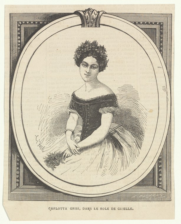 Engraved portrait of a young woman in a dark off-shoulder dress with full pale skirt, posed gracefully in an oval frame with one hand on her skirt.
