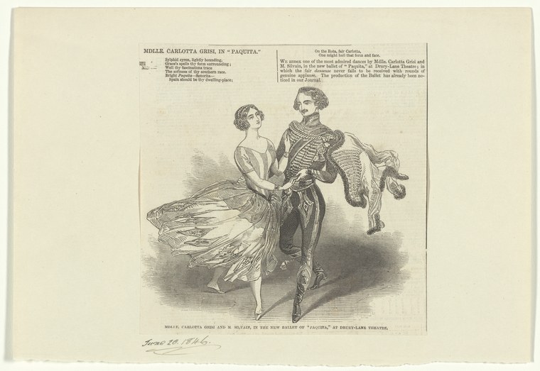 Man in military coat partners with woman in voluminous white tutu, her skirt flying as she turns, in a wood engraving.
