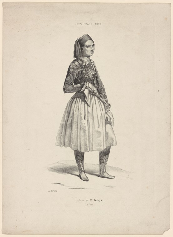 A young dancer in romantic-era costume: fitted dark bodice with lace sleeves and voluminous white pleated tulle skirt, standing in profile.
