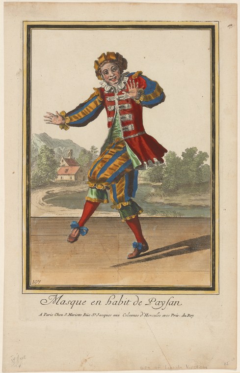 Single dancer in red and blue theatrical peasant costume with painted white face, arms spread, one leg extended in a springing pose, against a river landscape.