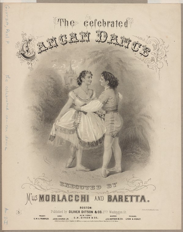 Lithograph of two female dancers in classical tunics facing each other against an architectural backdrop, titled 'The celebrated Cancan dance.'