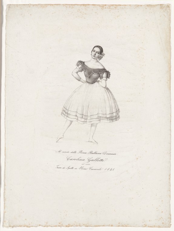 Engraving of a woman in 1840s ballet costume: dark bodice, white flounced skirt, posed upright against plain background.