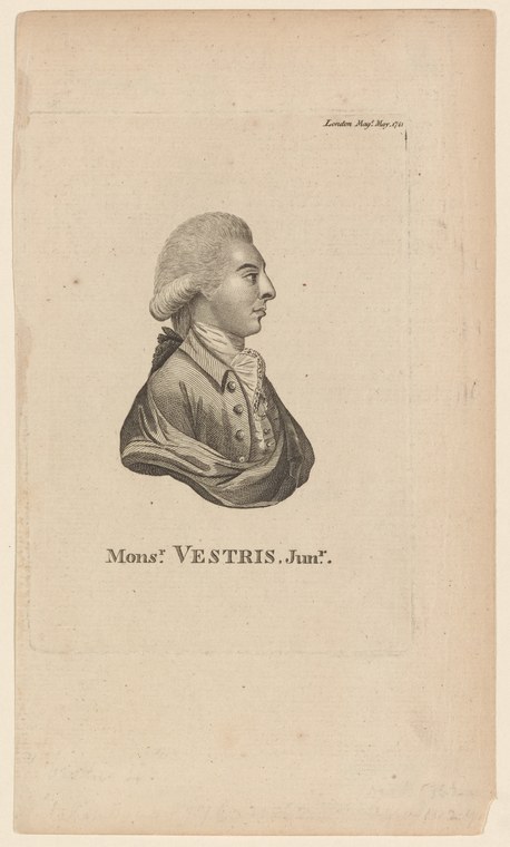 Profile portrait engraving of a man in 18th-century dress, labeled Monsr. Vestris Junr., dated London 1789