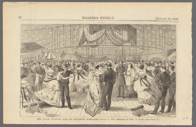 Wood engraving of a crowded ballroom with formally dressed couples dancing and spectators watching, dated 1869.