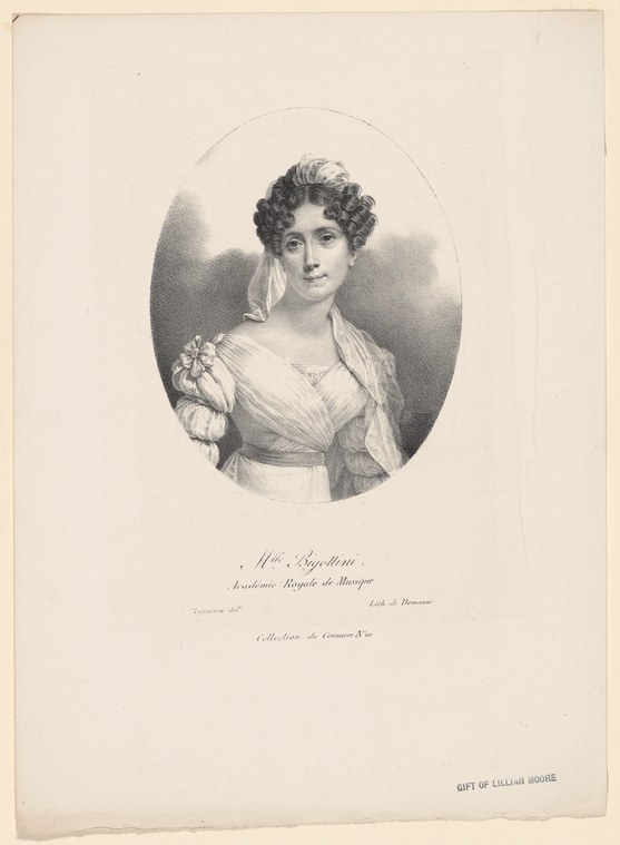 Engraved portrait of a young woman in Regency dress, holding flowers, identified as Mlle. Bigottini of the Paris Opéra.