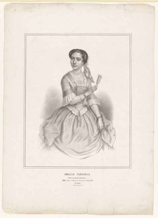 Engraved portrait of a woman in a mid-19th-century silk dress, seated and holding a fan, identified as Amalia Ferraris.