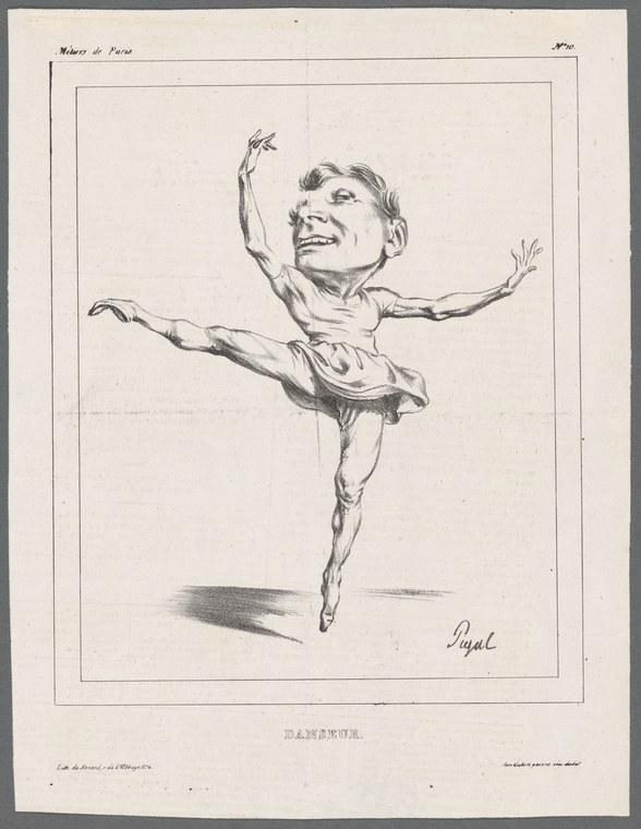 A male dancer in mid-leap, one leg extended forward and one back, arms raised, in an early 19th-century engraving.