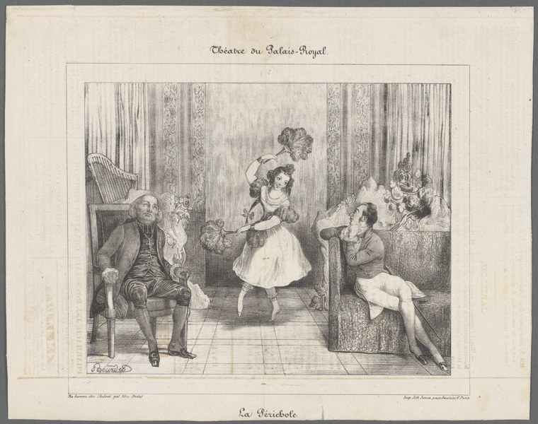 Engraving of a theatrical scene: a woman in white Empire dress stands center, surrounded by four men in various relaxed poses in an ornate interior.