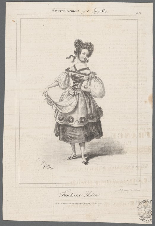 Lithographic print of a woman in Alpine folk costume with scalloped hem and geometric bodice lacing, titled Fantaisie suisse.