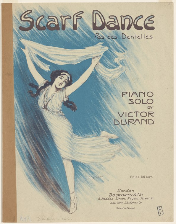 A young woman in a white dress holds a flowing scarf aloft while dancing, gazing upward, against a blue hatched background.