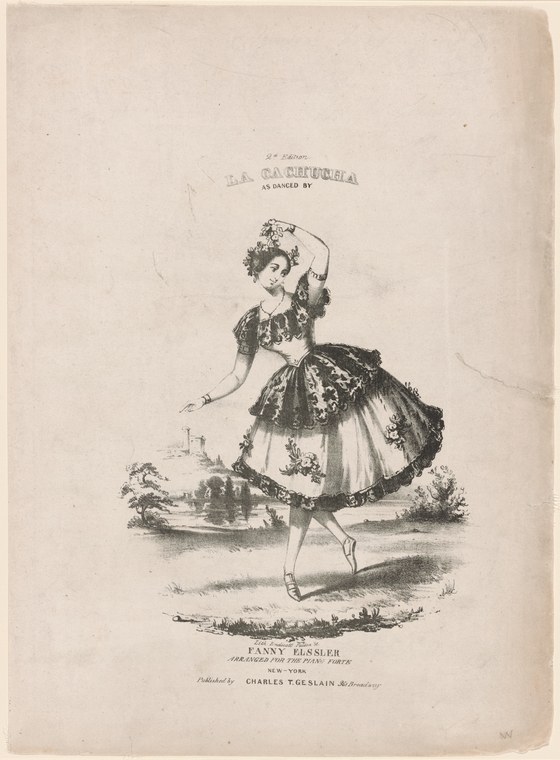 Female dancer in elaborate Spanish-style costume and headdress, posed mid-movement with balletic posture, engraving from mid-nineteenth century.