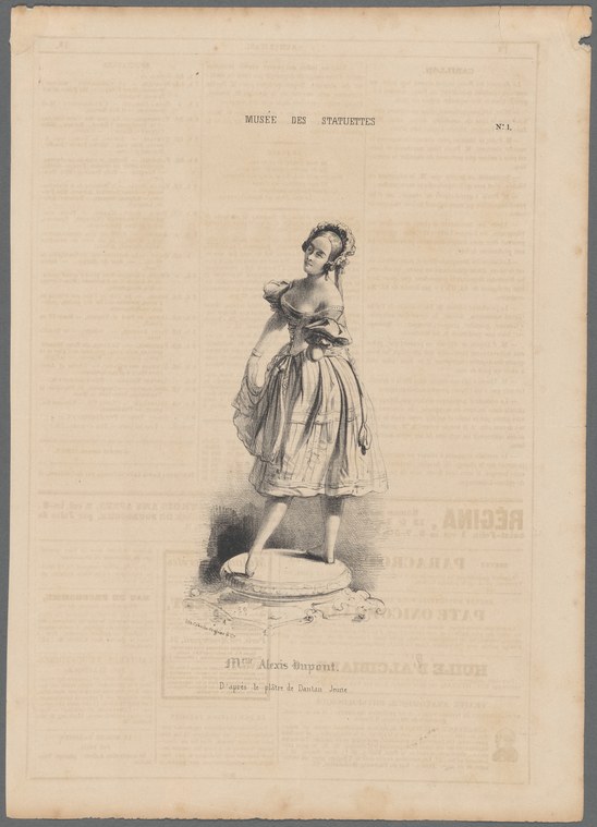 Engraved portrait of a young ballet dancer in classical white tulle costume, standing in a graceful arabesque position on a pedestal.