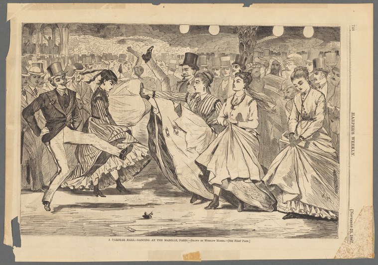 Engraving of couples dancing at the Mabille ballroom in Paris, surrounded by spectators in evening dress, with globe lights overhead.