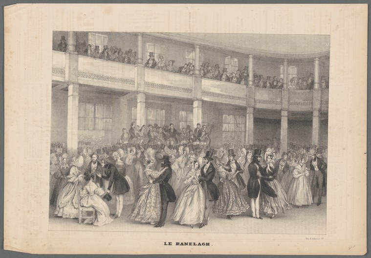Crowded ballroom scene with couples dancing in formal dress beneath tiered galleries; tiered galleries filled with spectators