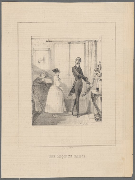 A dancing master instructs a young woman in white in a formal interior, while an older woman watches from behind.