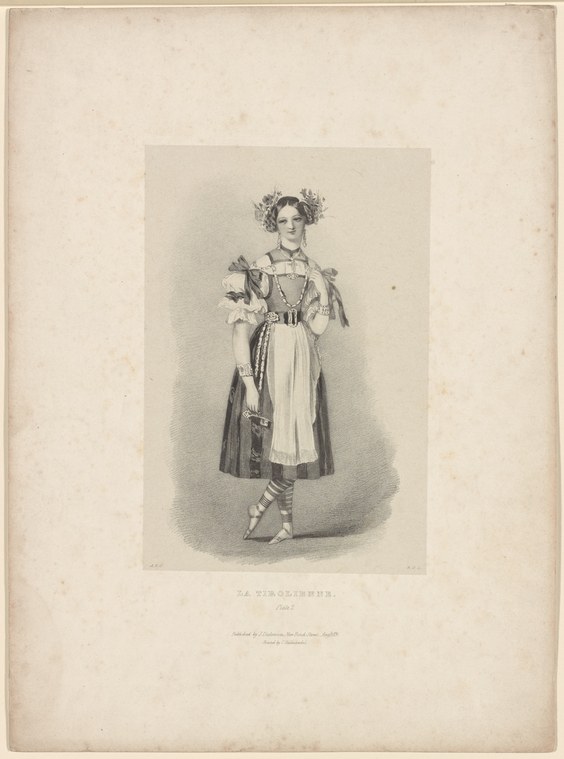 Engraving of a woman in Alpine costume with embroidered bodice, full skirt, and flower wreath, posed in formal theatrical stance.