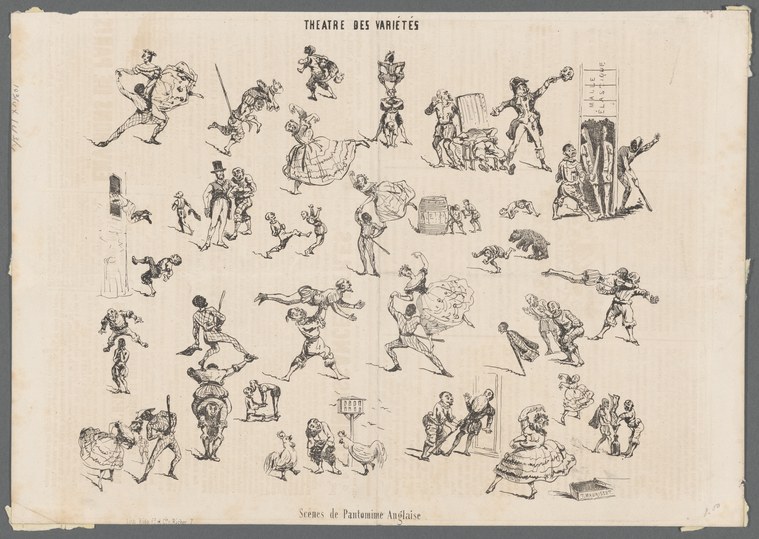Pen and ink sketches of approximately fifty exaggerated figures in period dress, tumbling, contorting, and gesturing in pantomime poses.