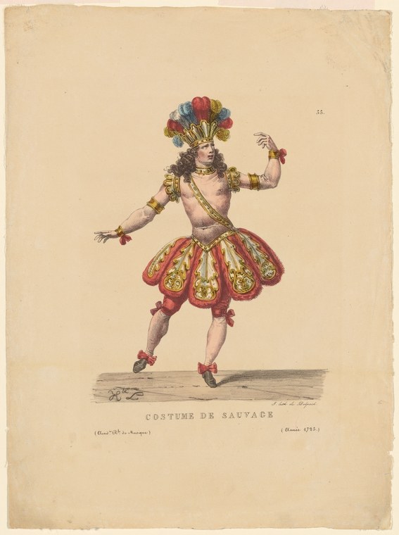 A single dancer in a hand-colored engraving stands in an energetic pose wearing a voluminous plume headdress and a petal-shaped red skirt with gold patterns.