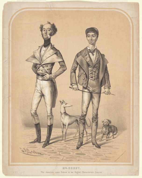Two male dancers in 19th-century dress pose with dogs between them; the left figure wears an exaggerated cape, the right wears a tailored coat.