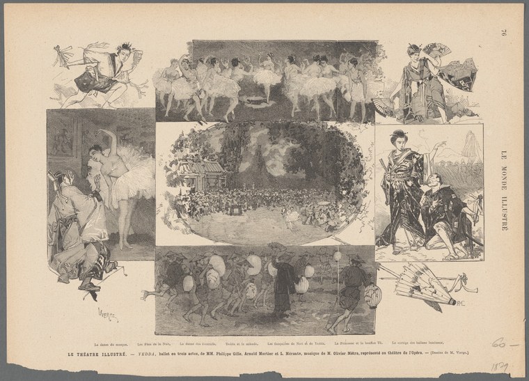 Composite lithograph of six theatrical scenes surrounding a central crowded palace interior, all in period costume, depicting moments from the ballet Yedda.