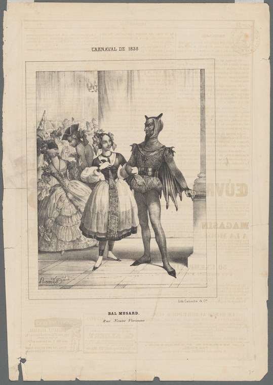 A woman in a white ball gown faces a man in a grotesque devil costume at a masquerade ball; companions and other dancers fill the ballroom behind them.