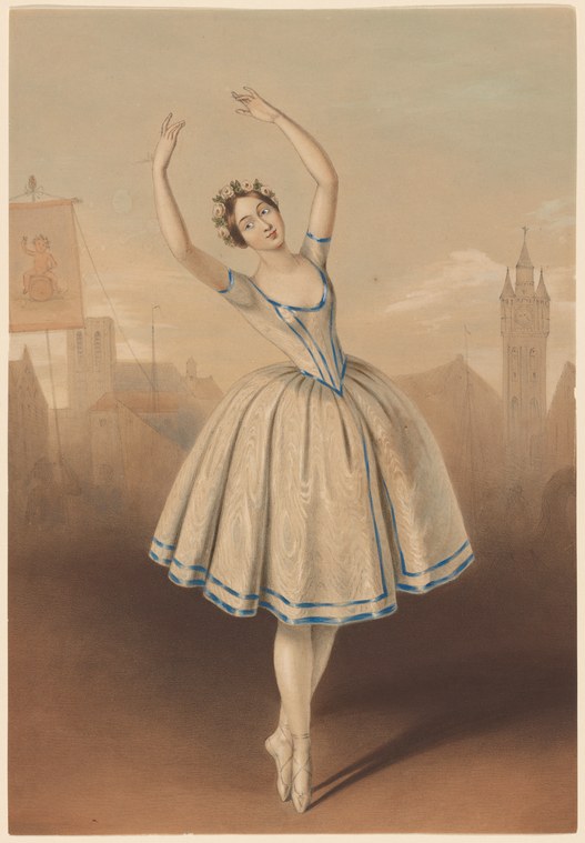 A woman in a pale cream tulle ballet skirt and floral crown stands en pointe in classical ballet pose, arms raised, against a cityscape backdrop.