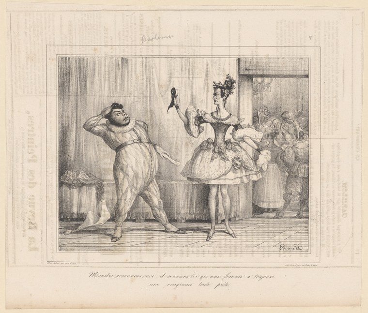 An engraved theatrical scene showing a corpulent male figure in a tunic confronting an elegant woman in a full skirt, with spectators in the background.