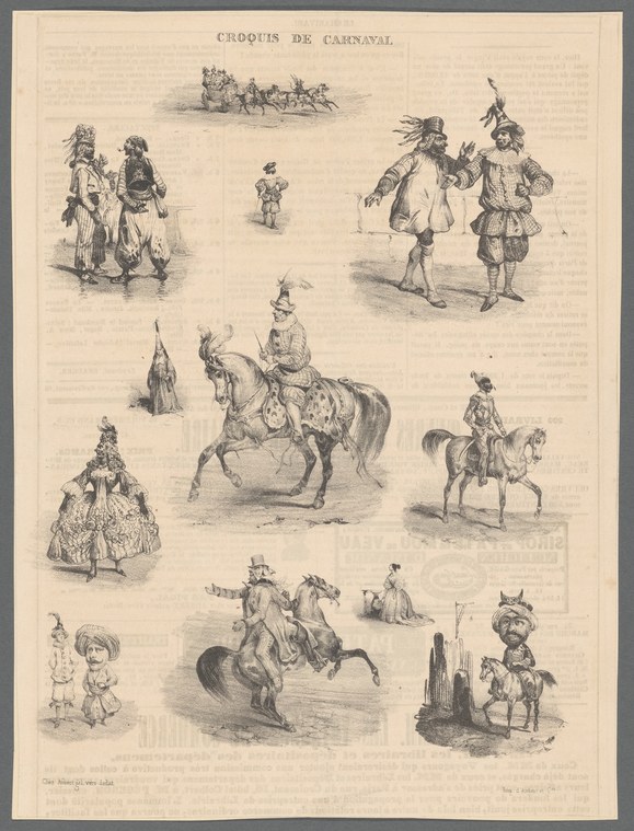 Engraved sheet of carnival costume types and masked characters in various theatrical poses and elaborate dress.