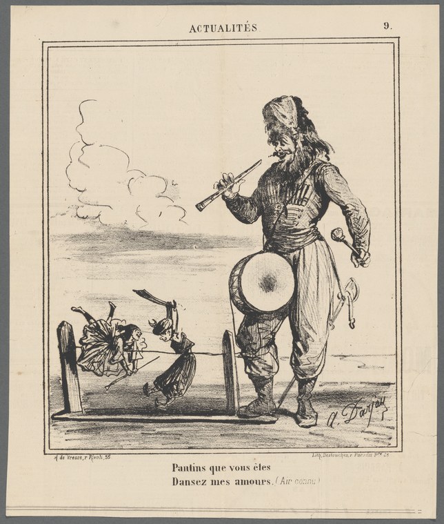 Engraving showing a bearded man in military dress commanding two writhing cherub figures with a pipe; satirical commentary on constraint and puppetry.