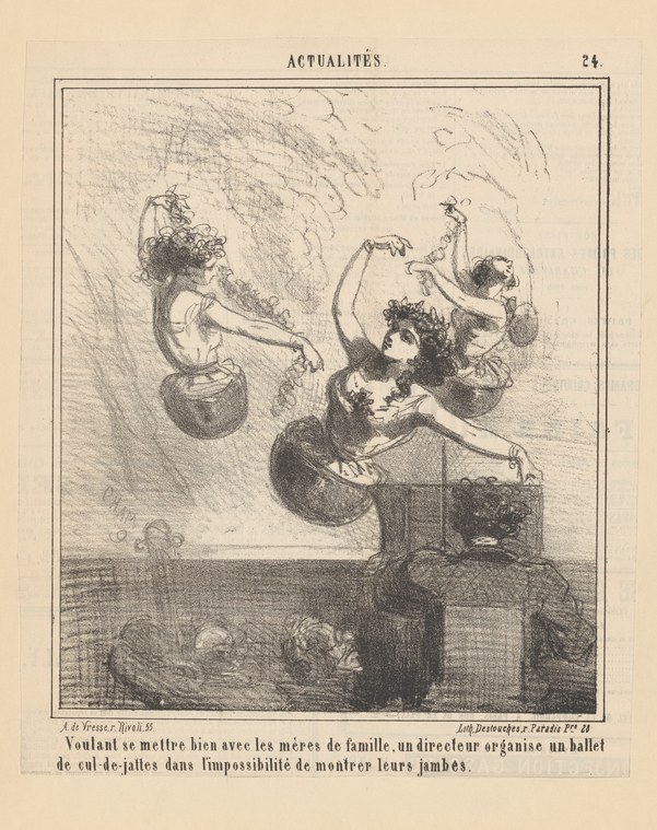 Satirical engraving of four classical ballet dancers gesturing expressively but with legs absent or hidden, seated on a box or floating against a hatched
