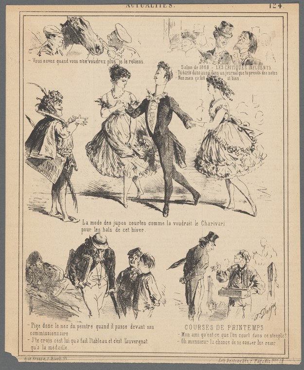 Five fashionably dressed dancers in a Parisian ballroom, with women in scandalously short skirts mid-waltz, accompanied by three vignettes of social comedy