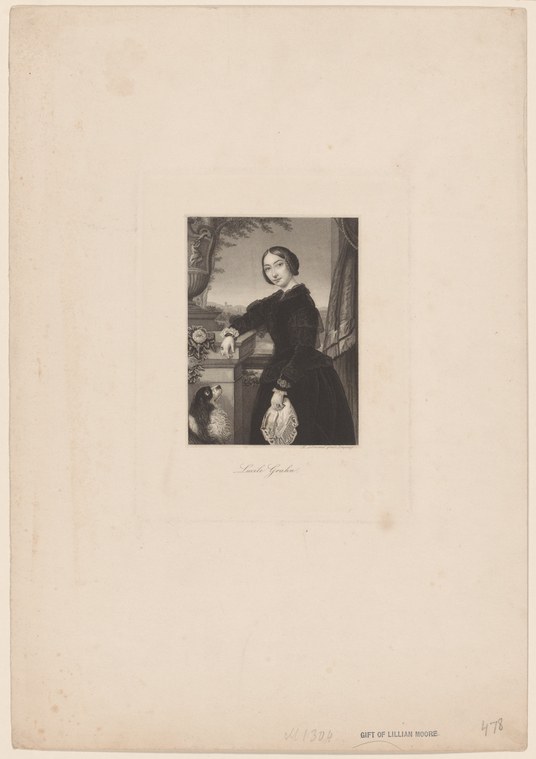 Portrait engraving of a woman in black Victorian dress standing indoors, gazing downward, with a small dog at her feet.