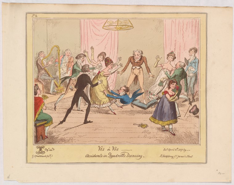 Hand-colored engraving showing a woman falling backward during a quadrille in a ballroom while musicians and onlookers watch.