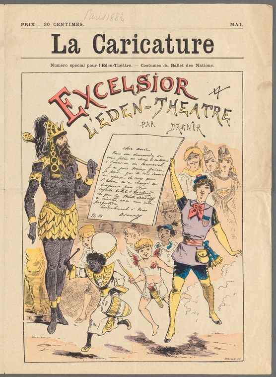 Caricature of Excelsior ballet: giant demon in gold and black looms over a ballerina in tulle dress and three costumed attendants.
