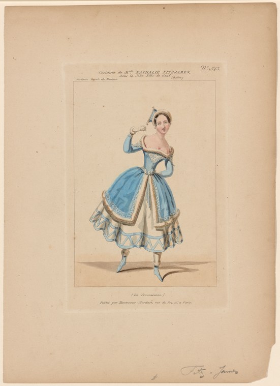Hand-colored engraving of a young woman in a blue silk dress with a gathered skirt, standing in a formal pose against a plain background.