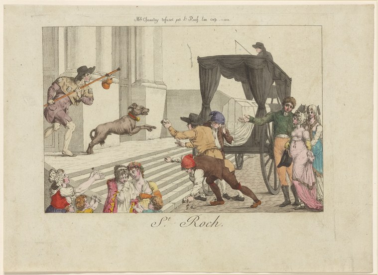 Hand-colored engraving of a chaotic theater scene with a musician, leaping dog, and fashionably dressed attendants in a classical interior, 1802.