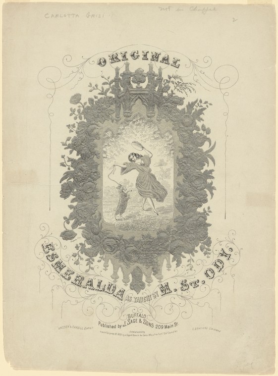 Engraved print: young female ballet dancer in tutu and pointe shoes in arabesque pose, framed by ornate floral and scroll border.