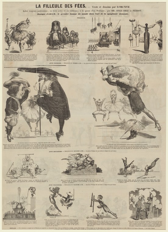 Engraved composite of multiple scenes from a three-act pantomime ballet showing dancers, flying figures, witches, and magical transformations in elaborate