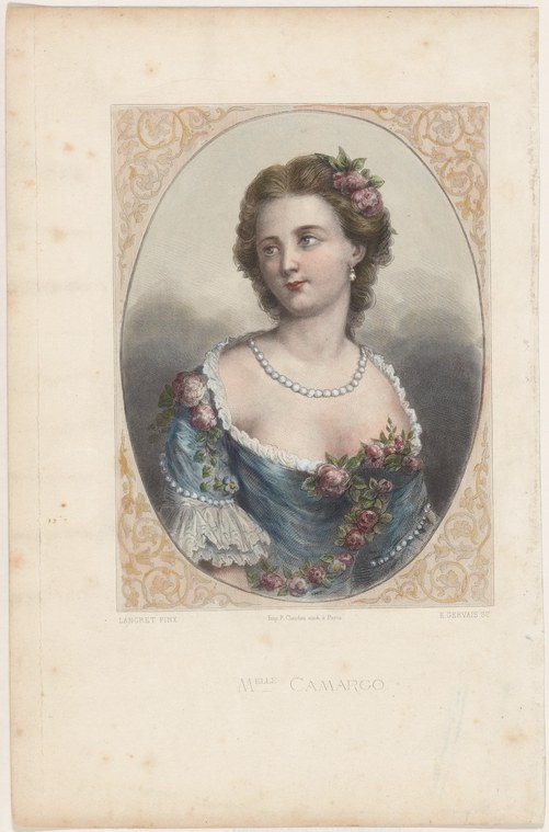 Oval portrait of a young woman in 18th-century dress with pink flowers in her hair and at her bodice, within a decorative gold frame.