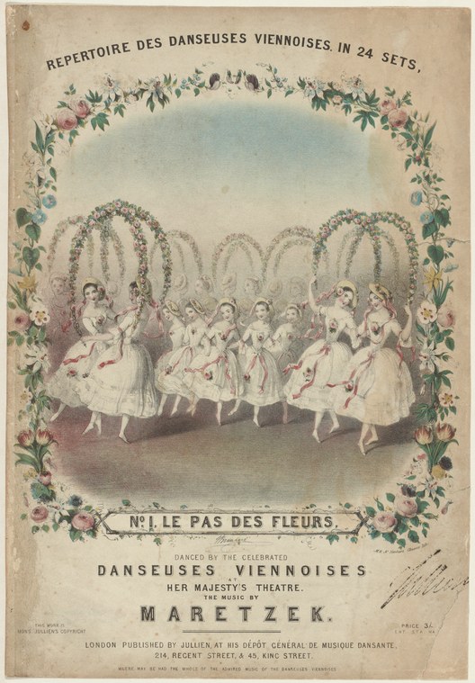 Eight female ballet dancers in white tutus on pointe beneath flowering arches, from a 19th-century lithographic print.