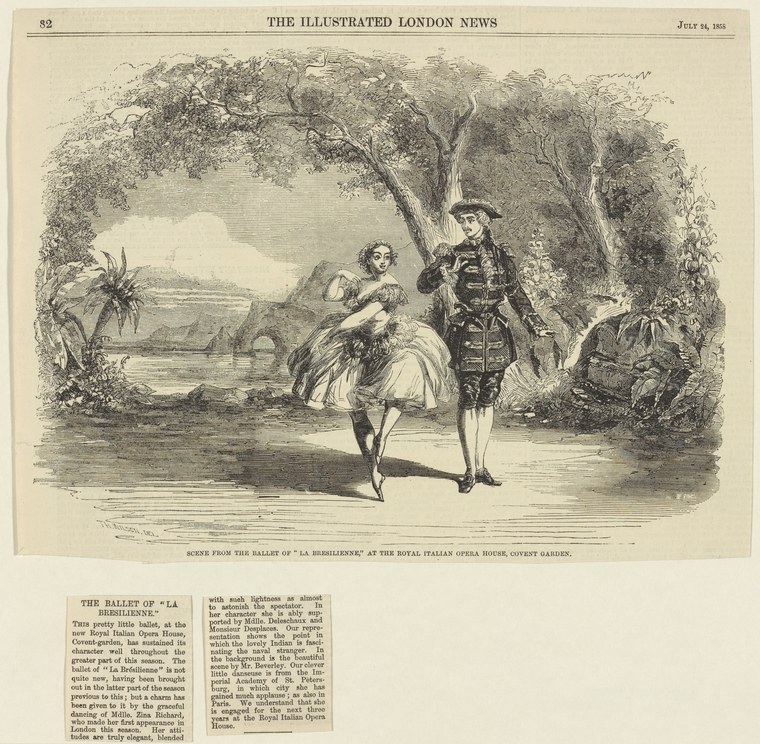 Two dancers in a wooded riverside setting: a woman in a pale skirt arches backward with arms open; a man in military dress stands beside her with arm extended.