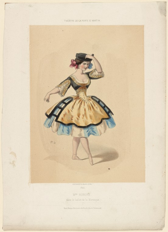A young woman in a black corseted bodice and gold-and-blue silk skirt, adjusting a hat with pink flowers, in a light balletic pose.